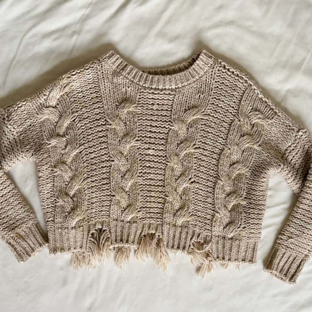 Ramy Brook Beige Fringe Hem Line Cable Knit Sweater